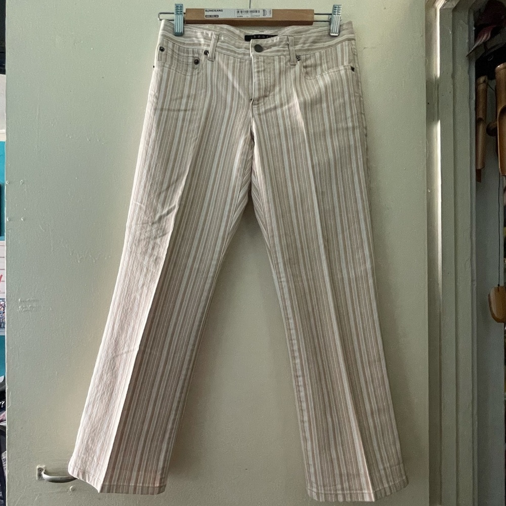 Theory Capri Brown and White Vertical Line Pants